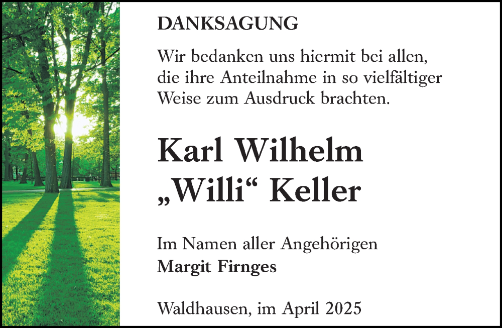  Traueranzeige für Karl Wilhelm Keller vom 26.04.2025 aus Weilburger Tageblatt