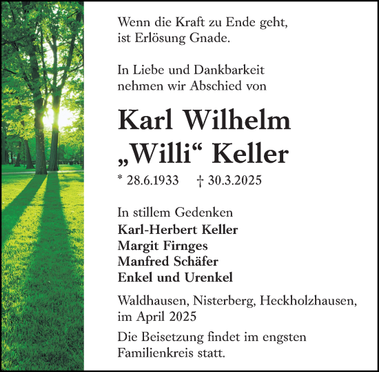 Traueranzeige von Karl Wilhelm Keller von Weilburger Tageblatt
