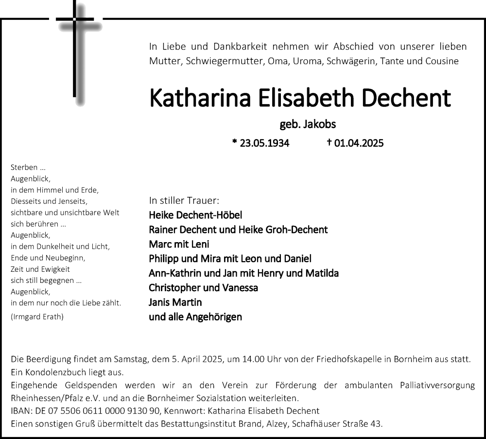  Traueranzeige für Katharina Elisabeth Dechent vom 04.04.2025 aus Allgemeine Zeitung Alzey