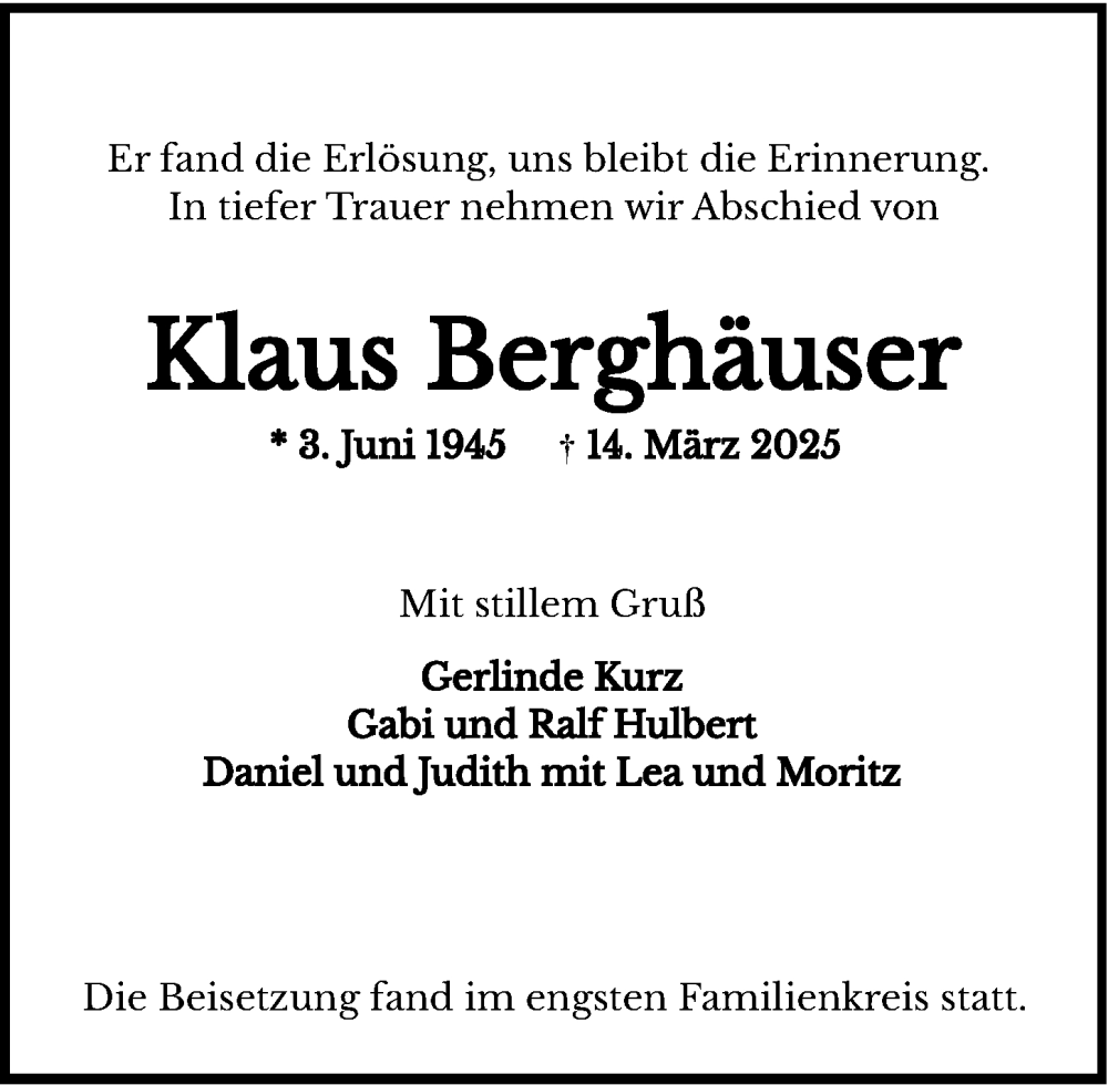  Traueranzeige für Klaus Berghäuser vom 12.04.2025 aus Wiesbadener Kurier
