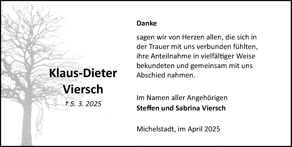  Traueranzeige für Klaus-Dieter Viersch vom 05.04.2025 aus Odenwälder Echo