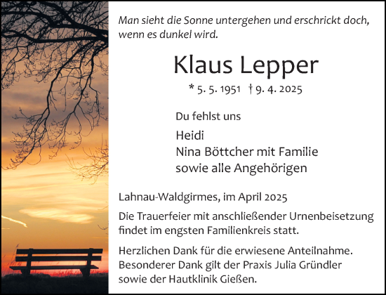 Traueranzeige von Klaus Lepper von Wetzlarer Neue Zeitung