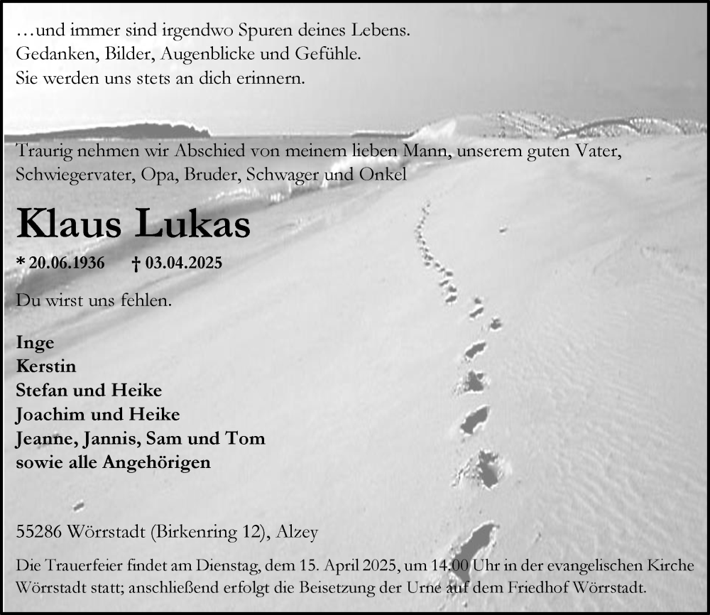  Traueranzeige für Klaus Lukas vom 12.04.2025 aus Allgemeine Zeitung Alzey