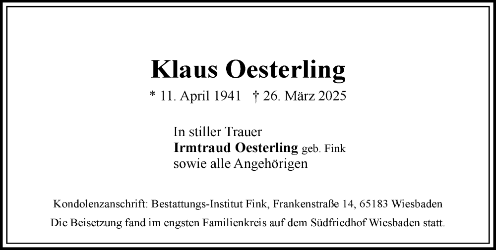  Traueranzeige für Klaus Oesterling vom 26.04.2025 aus Wiesbadener Kurier