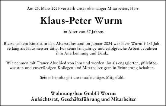 Traueranzeige von Klaus-Peter Wurm von Wormser Zeitung