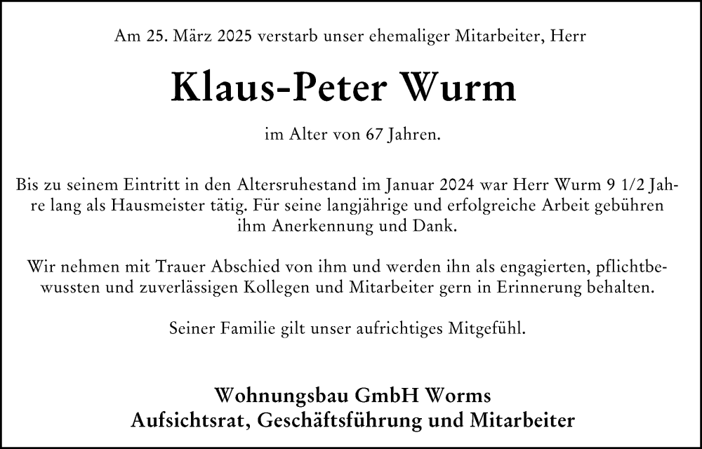  Traueranzeige für Klaus-Peter Wurm vom 09.04.2025 aus Wormser Zeitung