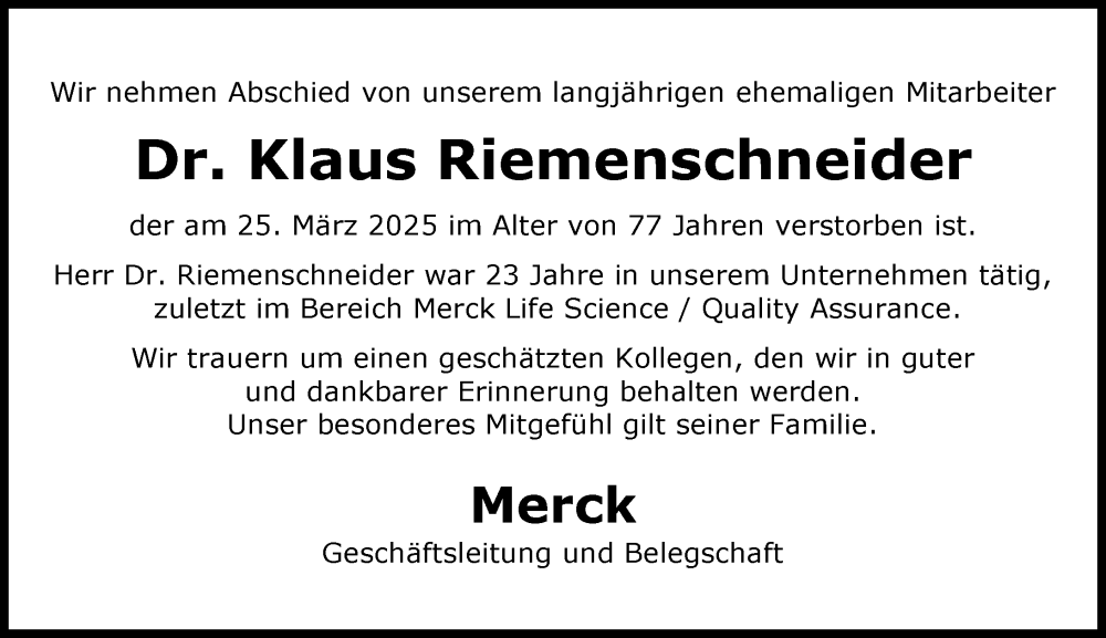  Traueranzeige für Klaus Riemenschneider vom 11.04.2025 aus Darmstädter Echo