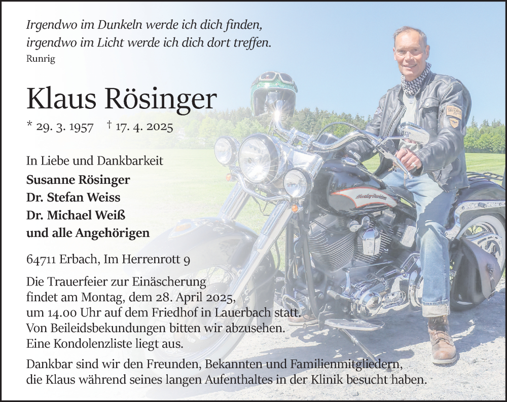  Traueranzeige für Klaus Rösinger vom 26.04.2025 aus Odenwälder Echo