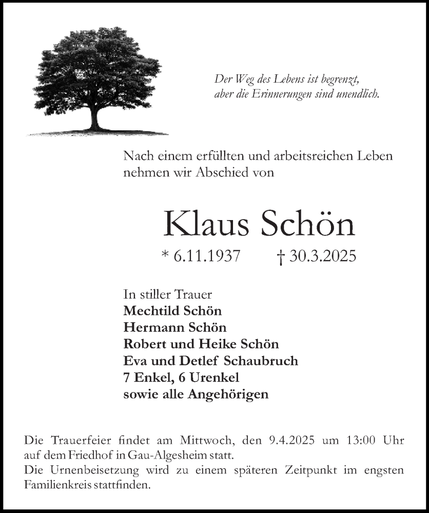  Traueranzeige für Klaus Schön vom 05.04.2025 aus Allgemeine Zeitung Rheinhessen-Nahe