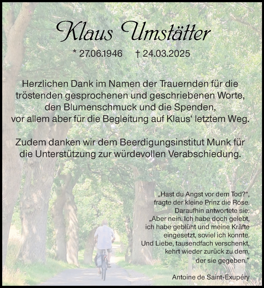  Traueranzeige für Klaus Umstätter vom 11.04.2025 aus Hochheimer Zeitung