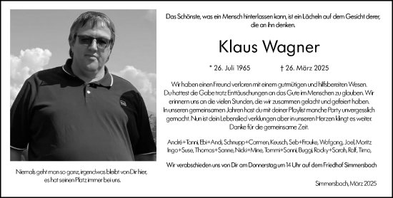 Traueranzeige von Klaus Wagner von Dill Block
