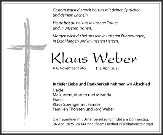 Traueranzeige von Klaus Weber von Camberger Anzeiger