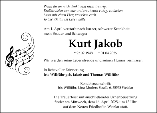 Traueranzeige von Kurt Jakob von Wetzlarer Neue Zeitung