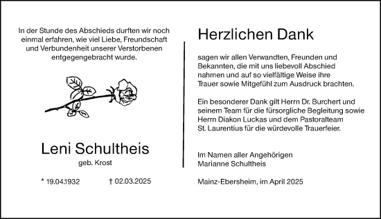 Traueranzeige von Leni Schultheis von Allgemeine Zeitung Mainz