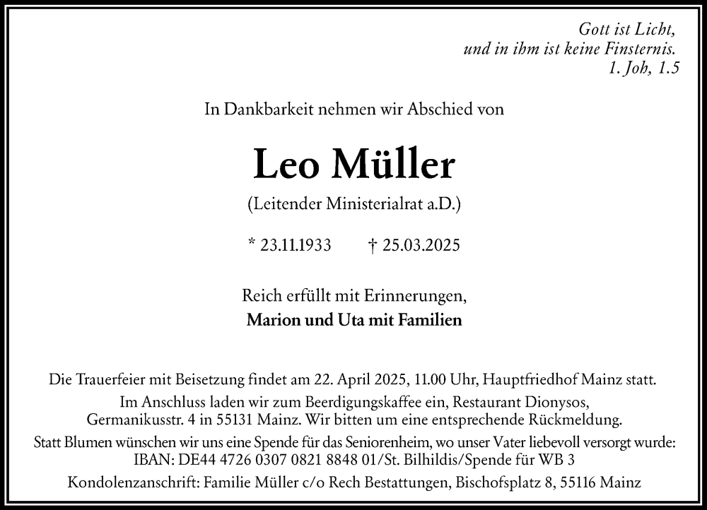  Traueranzeige für Leo Müller vom 05.04.2025 aus Allgemeine Zeitung Mainz