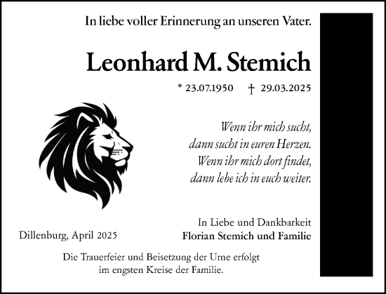 Traueranzeige von Leonhard M. Stemich von Dill Block