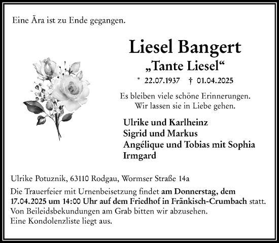 Traueranzeige von Liesel Bangert von Odenwälder Echo