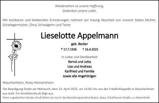 Traueranzeige von Lieselotte Appelmann von Allgemeine Zeitung Alzey