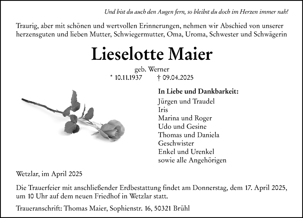  Traueranzeige für Lieselotte Maier vom 12.04.2025 aus Wetzlarer Neue Zeitung