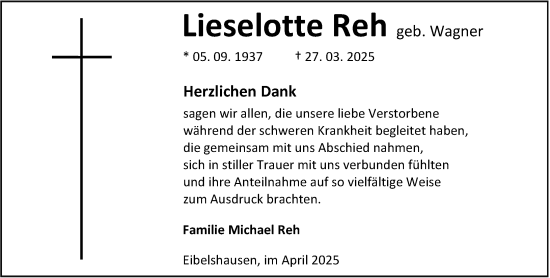 Traueranzeige von Lieselotte Reh von Dill Block