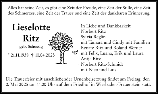 Traueranzeige von Lieselotte Ritz von Wiesbadener Kurier