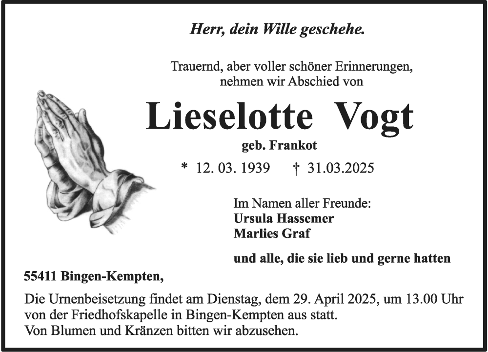  Traueranzeige für Lieselotte Vogt vom 19.04.2025 aus Allgemeine Zeitung Rheinhessen-Nahe