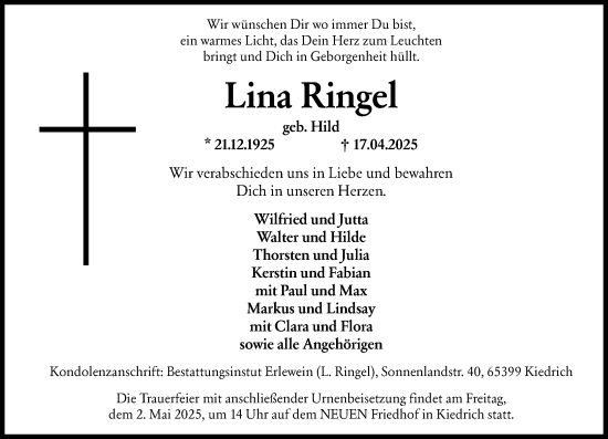 Traueranzeige von Lina Ringel von Rheingau Kurier