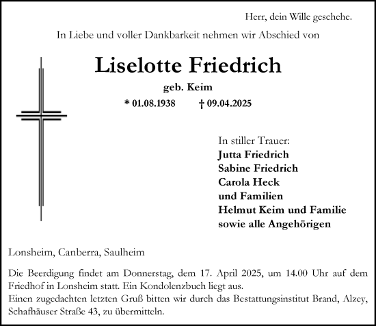 Traueranzeige von Liselotte Friedrich von Allgemeine Zeitung Alzey
