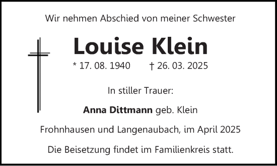 Traueranzeige von Louise Klein von Dill Block