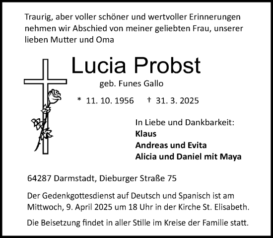 Traueranzeige von Lucia Probst von Darmstädter Echo