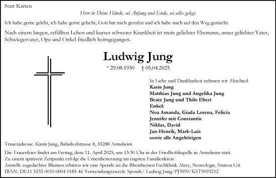 Traueranzeige von Ludwig Jung von Allgemeine Zeitung Alzey