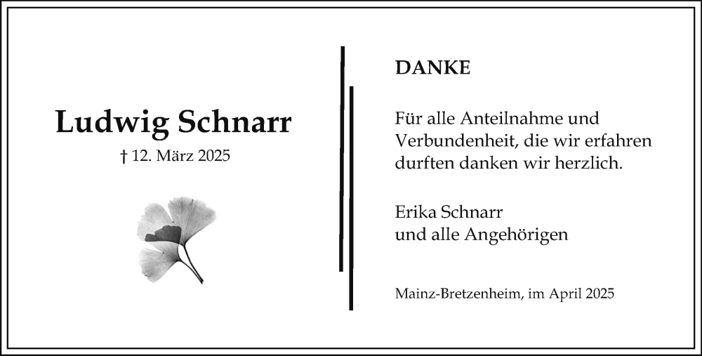  Traueranzeige für Ludwig Schnarr vom 19.04.2025 aus Allgemeine Zeitung Mainz