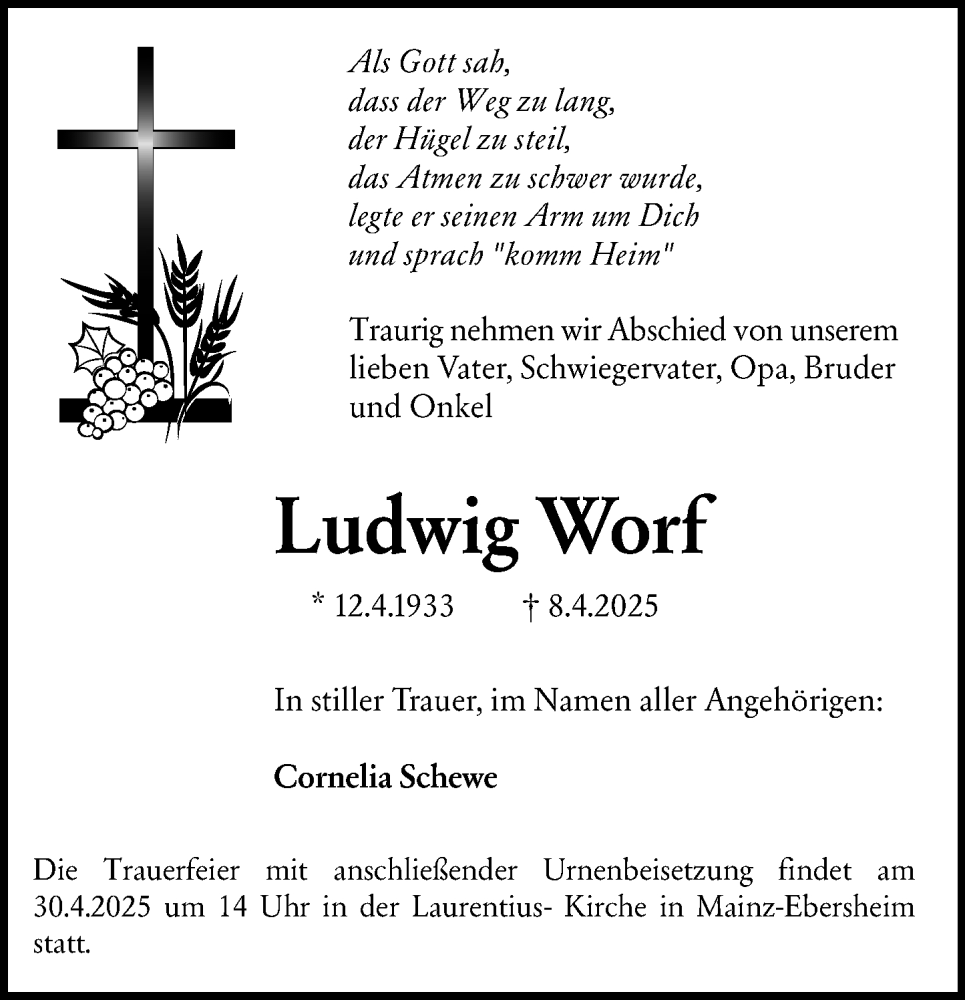  Traueranzeige für Ludwig Worf vom 19.04.2025 aus Allgemeine Zeitung Mainz