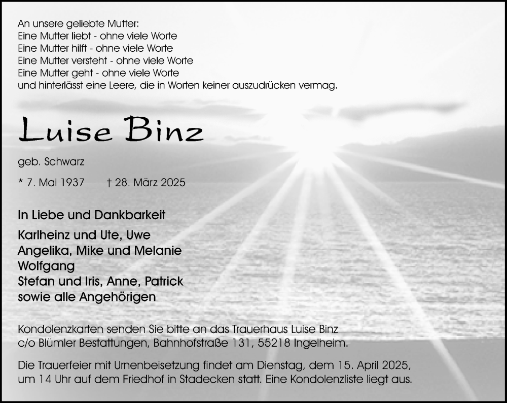  Traueranzeige für Luise Binz vom 05.04.2025 aus Allgemeine Zeitung Mainz