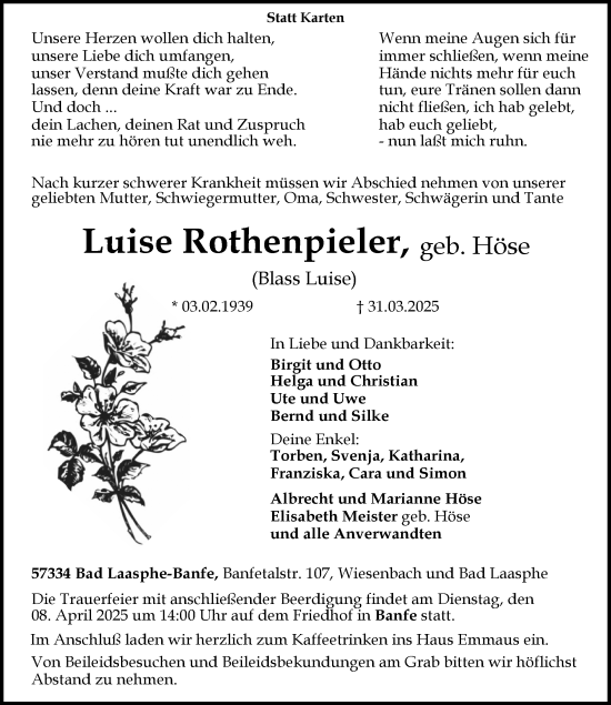 Traueranzeige von Luise Rothenpieler von Hinterländer Anzeiger