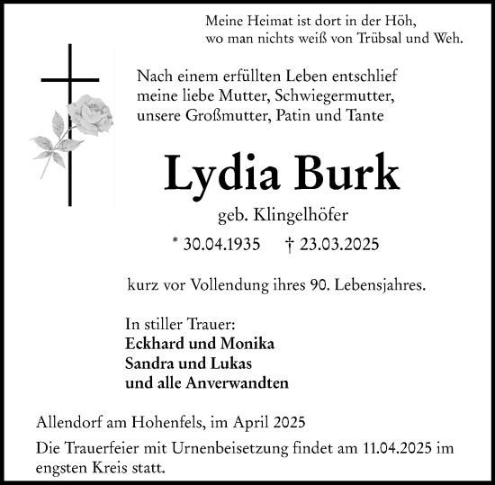 Traueranzeige von Lydia Burk von Hinterländer Anzeiger