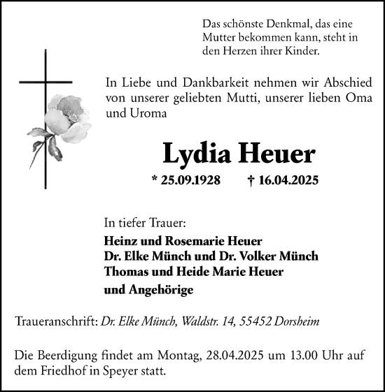 Traueranzeige von Lydia Heuer von Binger-/Ingelheimer Wochenblatt