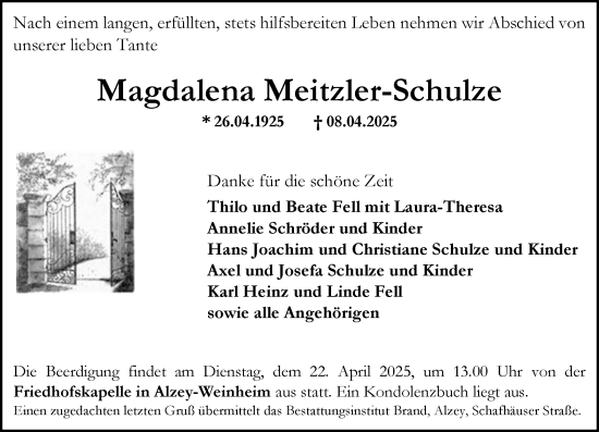 Traueranzeige von Magdalena Meitzler-Schulze von Allgemeine Zeitung Alzey