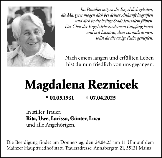 Traueranzeige von Magdalena Reznicek von Allgemeine Zeitung Mainz