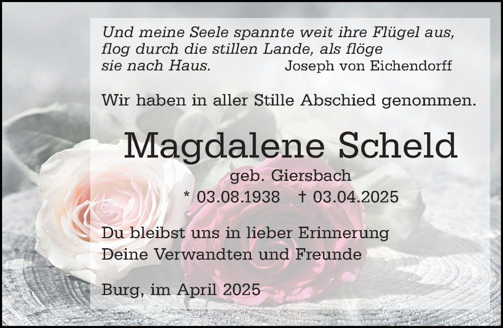  Traueranzeige für Magdalene Scheld vom 19.04.2025 aus Dill Block