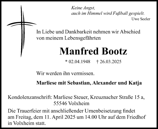 Traueranzeige von Manfred Bootz von Allgemeine Zeitung Mainz