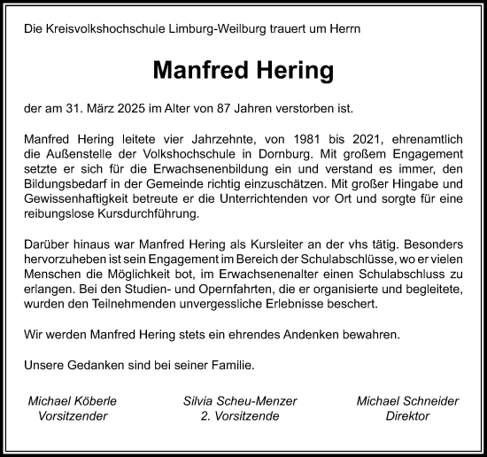 Traueranzeige von Manfred Hering von Nassauische Neue Presse