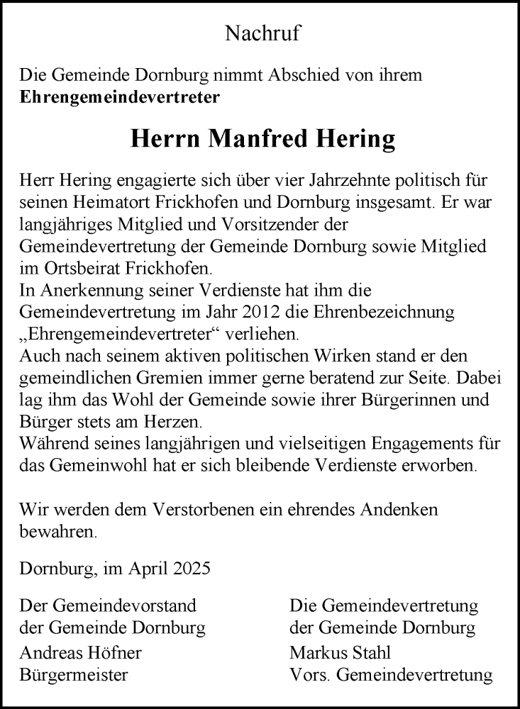 Traueranzeige für Manfred Hering vom 04.04.2025 aus Nassauische Neue Presse