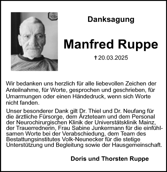 Traueranzeige von Manfred Ruppe von Allgemeine Zeitung Mainz
