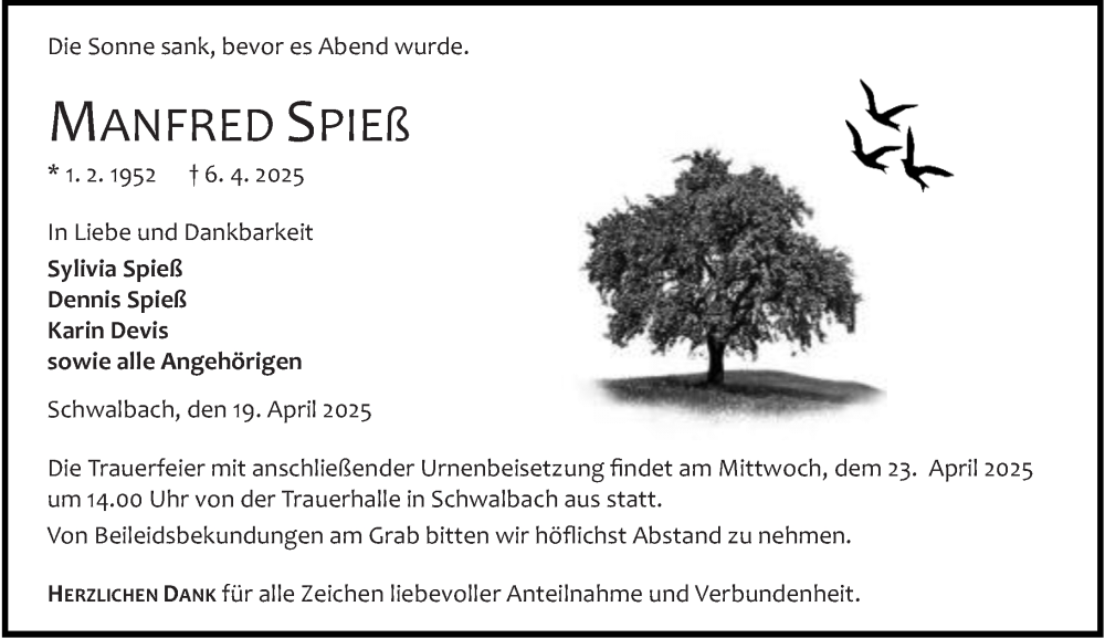  Traueranzeige für Manfred Spieß vom 19.04.2025 aus Wetzlarer Neue Zeitung