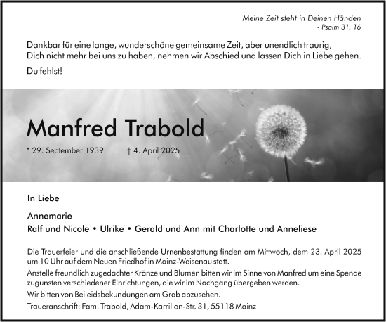 Traueranzeige von Manfred Trabold von Allgemeine Zeitung Mainz