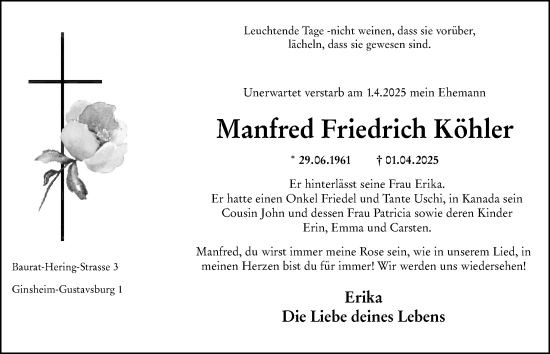 Traueranzeige von Manfred Friedrich Köhler von Allgemeine Zeitung Mainz