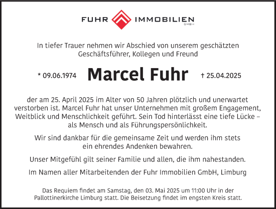 Traueranzeige von Marcel Fuhr von Nassauische Neue Presse