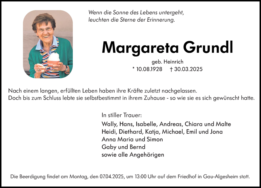  Traueranzeige für Margareta Grundl vom 05.04.2025 aus Allgemeine Zeitung Rheinhessen-Nahe