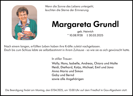 Traueranzeige von Margareta Grundl von Allgemeine Zeitung Rheinhessen-Nahe
